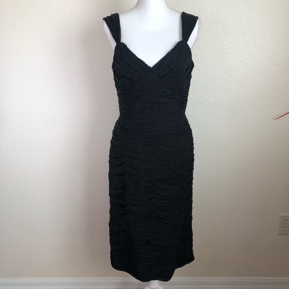 Papell boutique 100% Silk Beaded Sequin Rushed Little Back Dress V-neck Straps